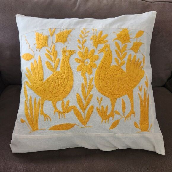 Otomi 20" Pillow Cover Only Oversized Square Hand Embroidered Yellow Birds NEW - Picture 1 of 11